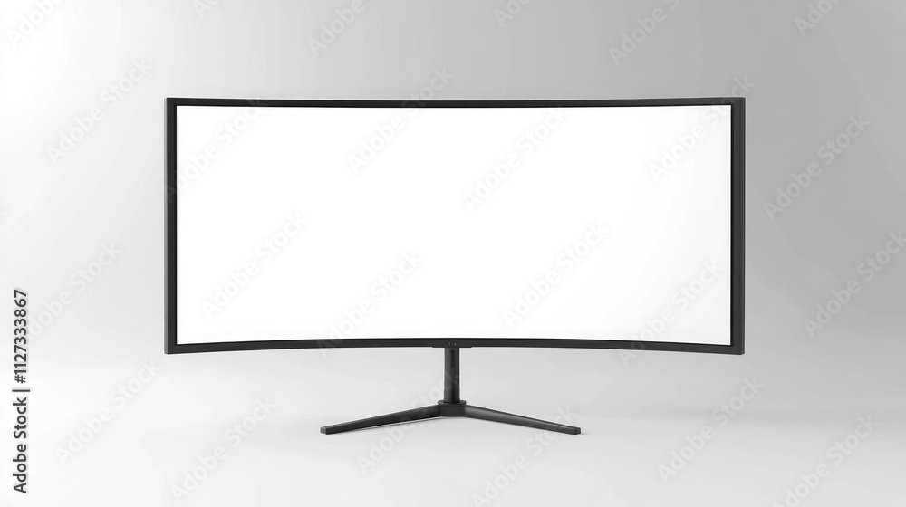 Poster curved monitor with blank white screen on empty gradient background for mockup and design presentati