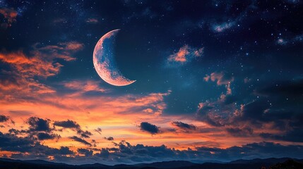Crescent moon glowing in a dark sky with vibrant clouds and stars at twilight during a serene evening landscape