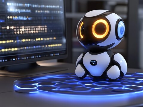Futuristic Robot Sitting On Illuminated Platform Near Computer