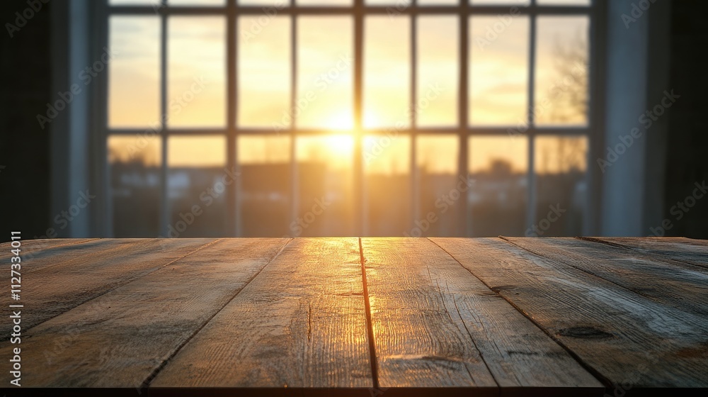 Poster sunset illuminating empty wooden table with window view creating warm ambiance and inviting atmosphe