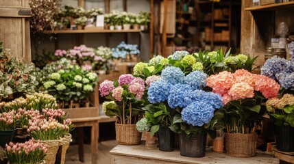 Fototapeta premium Hydrangea Flowers in a Floral Shop Vibrant Summer Garden Decor Displaying Colorful Blooms and Lush Greenery