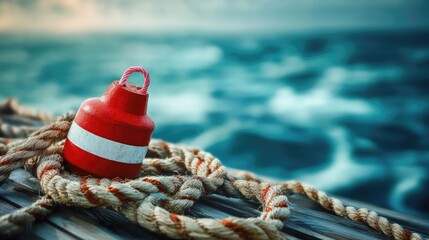 Fishing nets with buoy and rope on wooden dock with ocean waves in the background creating a tranquil nautical scene © AbstractAI