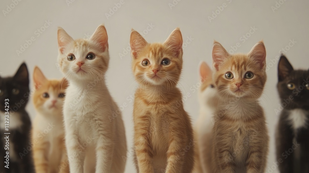 Poster kitten cat variety standing together on a light backdrop showcasing different colors and expressions