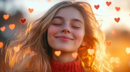 Fototapeta premium Smiling girl with flowing blond hair surrounded by love hearts creating a joyful and romantic atmosphere outdoors.
