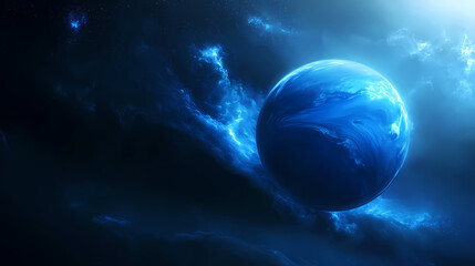 Obraz premium A stunning view of neptune's deep blue atmosphere with high winds shaping dark clouds. distant sunlight filters through, casting a surreal and etherea. Etherea. Illustration