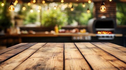 Wooden tabletop with blurred barbecue space in background featuring warm lights and outdoor setting ideal for food and dining themes