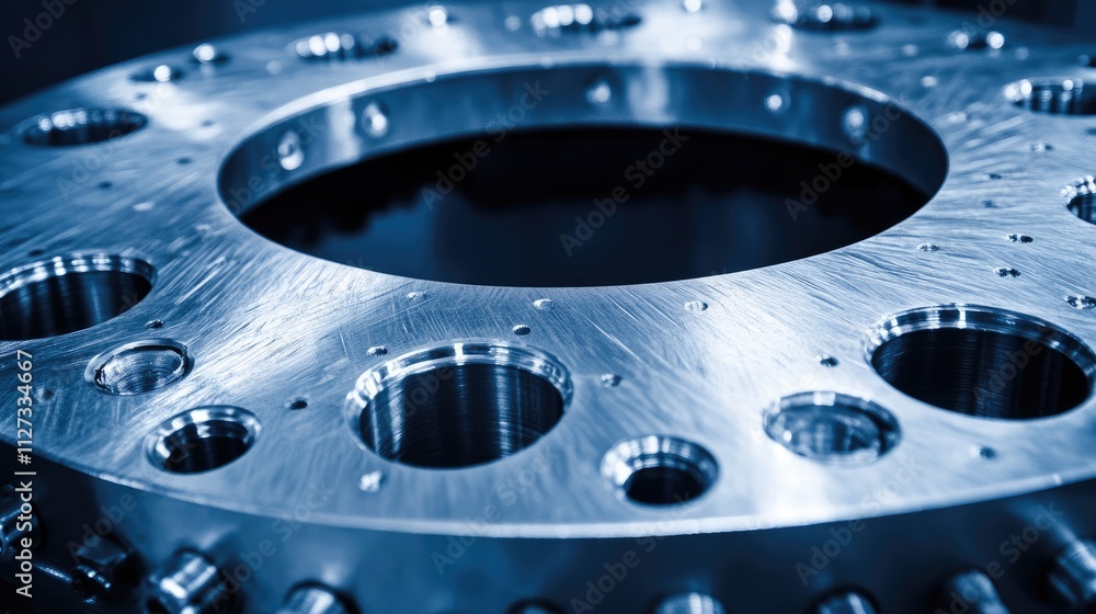Poster detailed close-up of a precision metal flange showcasing intricate engineering in a blue-toned studi