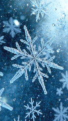 Crystal snowflake on blurred winter background. Snowflake macro sparkling vertical Holiday banner, natural cold lighting