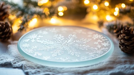 Obraz premium A snowy white plate with silver snowflake patterns, placed on a table with icy blue lights and frosted decorations