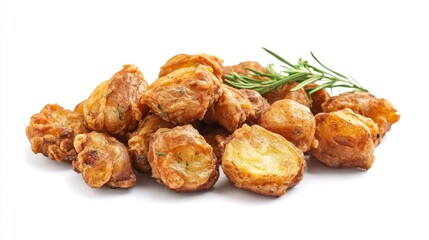 Fried potato nuggets with herbs isolated on a white background showcasing a crispy texture and delicious appearance for food photography.