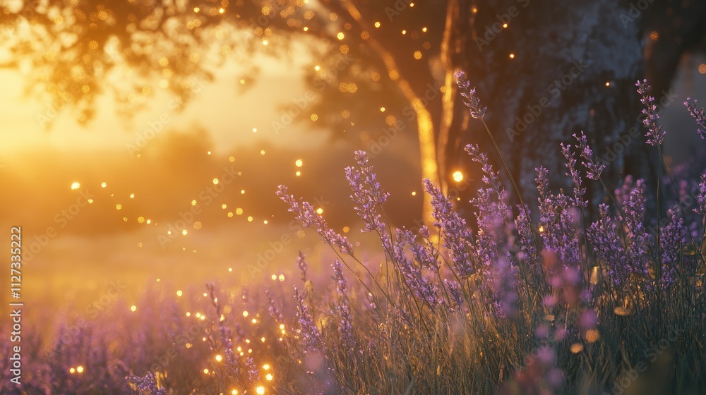 Poster lavender flowers glowing in golden hour light with enchanting bokeh effects creating a serene evenin