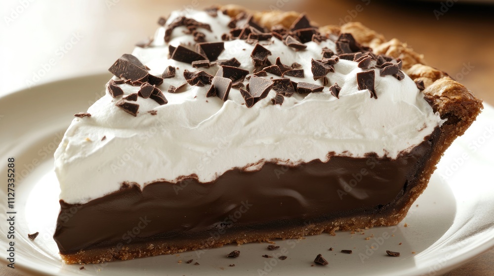 Poster chocolate cream pie with whipped topping and chocolate shavings on a graham cracker crust served on 