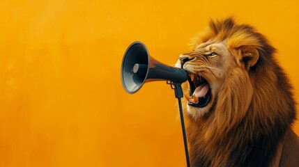 Lion roaring into megaphone for bold advertisement concept on vibrant topaz background