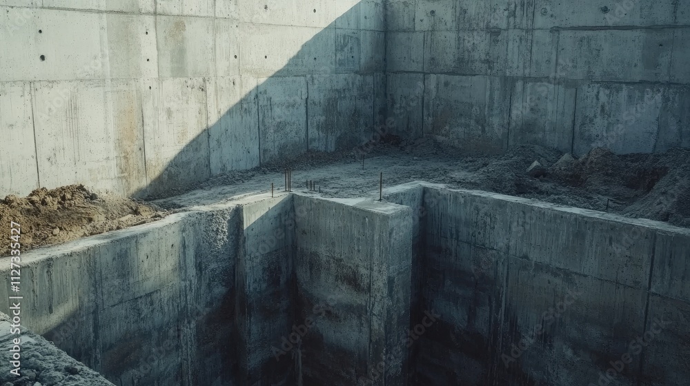 Poster monolithic reinforced concrete foundation pit for large building construction showcasing industrial 