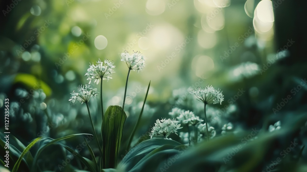 Poster wild garlic flowers in a natural setting with soft bokeh creating a serene and tranquil atmosphere i