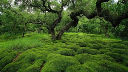 Lush green moss covering the ground beneath ancient trees with vibrant young grass in a serene spring landscape