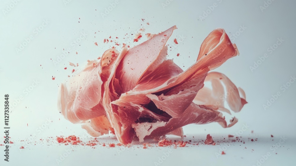 Poster sliced ham floating against a white background with scattered meat shavings showcasing texture and c