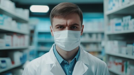 Young male pharmacist in white coat and face mask at pharmacy during Covid19 lockdown, focused on patient care amidst pandemic challenges