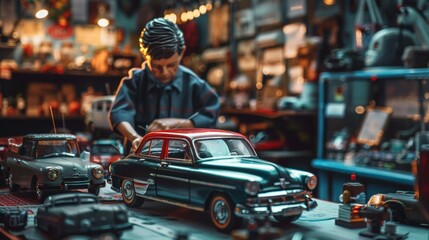 Obraz premium Miniature vintage car models in a workshop