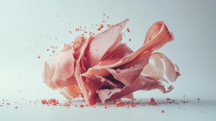 Sliced ham floating against a white background with scattered meat shavings showcasing texture and color contrast in a culinary display