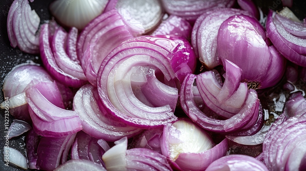 Poster close up of sliced onions frying in a pan highlighting the vibrant colors and textures of cooking in