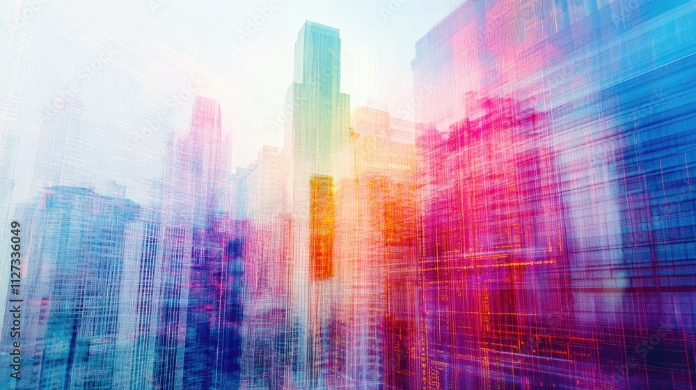 Poster abstract multi exposure of skyscrapers with vibrant colors illustrating concepts of big data network