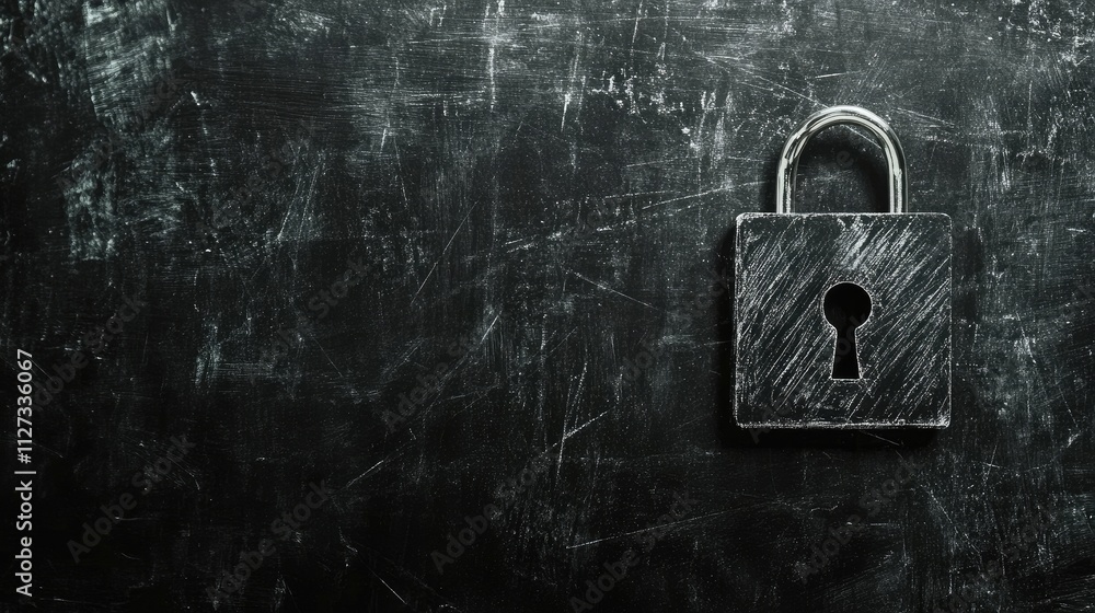 Poster data security concept with padlock on black scratched textured chalkboard background for visual repr