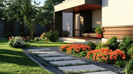 Obraz premium Vibrant flower beds and well-maintained garden path leading to a modern house entrance in a serene outdoor setting.
