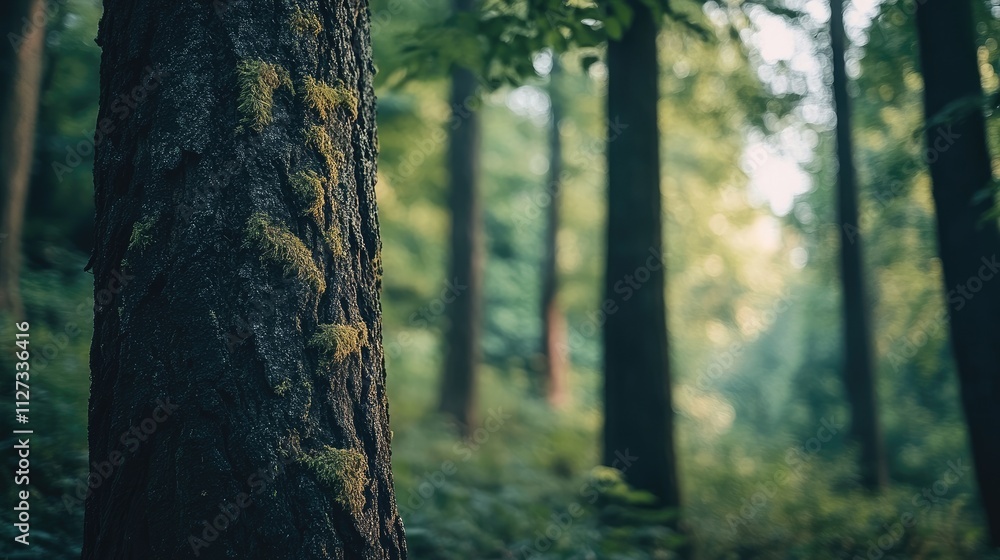 Poster moss covered tree trunks in vibrant summer forest surrounded by lush green foliage and soft dappled 