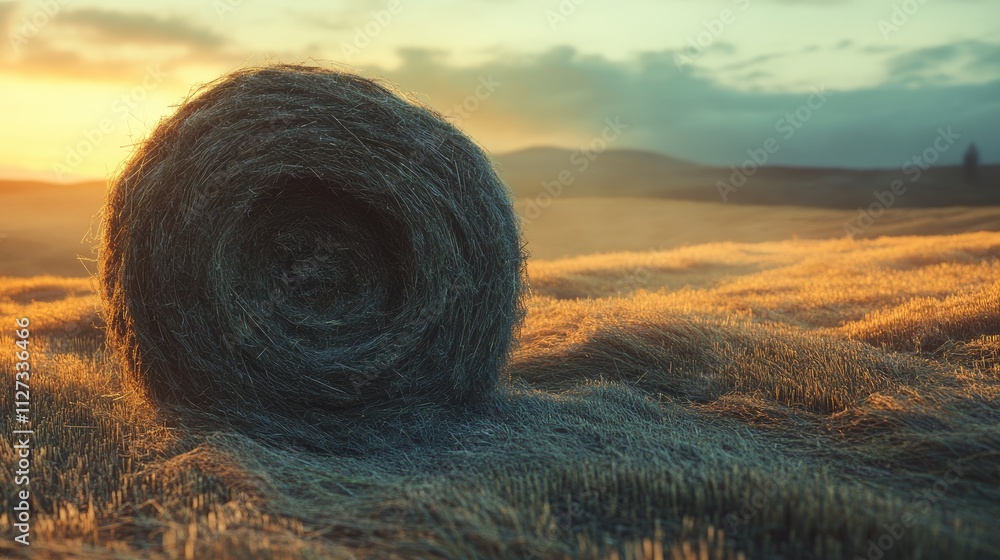 Poster dawn light illuminating large hay roll in serene field creating a peaceful rural landscape with gent