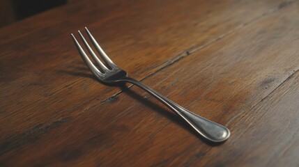 Shiny stainless steel fork resting on a rustic wooden table showcasing elegant cutlery design and natural wood texture