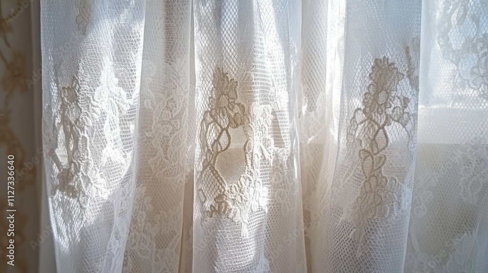 Poster delicate lace curtains gently illuminated by sunlight showcasing intricate patterns on a textured wi