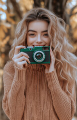 woman taking a photo with a retro camera outdoors in the forest