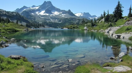 Fototapeta premium Tranquil mountain view with snow capped peaks mirrored in a pristine lake landscape