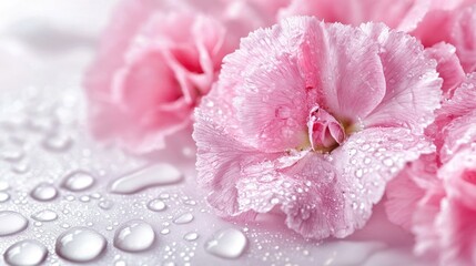 Delicate pink carnation flowers adorned with water droplets on a soft white background creating a fresh and serene atmosphere