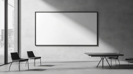 Blank billboard on concrete wall in modern minimalist room.