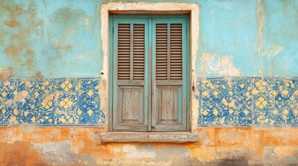 Rustic wooden window shuttered on an aged colorful facade showcasing vintage architectural details...