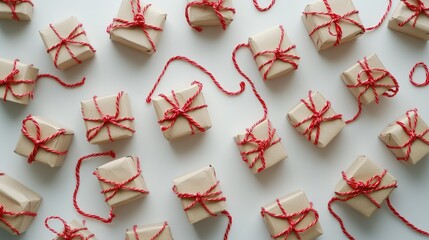 Festive gift boxes wrapped in coarse paper and red twine creating a cheerful backdrop on a white surface for celebrations and congratulations
