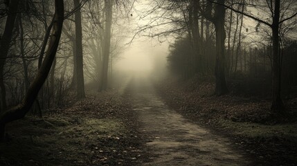 Naklejka premium Misty path winding through a serene English country garden surrounded by tall trees and soft, atmospheric fog