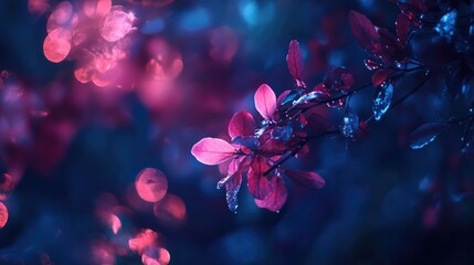 vibrant pink flowers with rain droplets illuminated by soft bokeh lights against a dark blue background at night