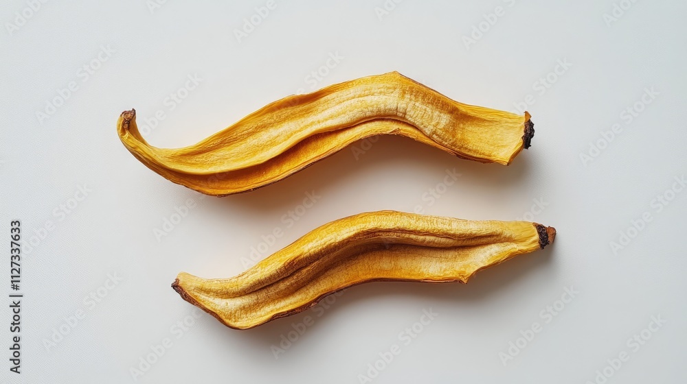 Aufkleber dried banana slices arranged on a clean white background showcasing their unique texture and color c