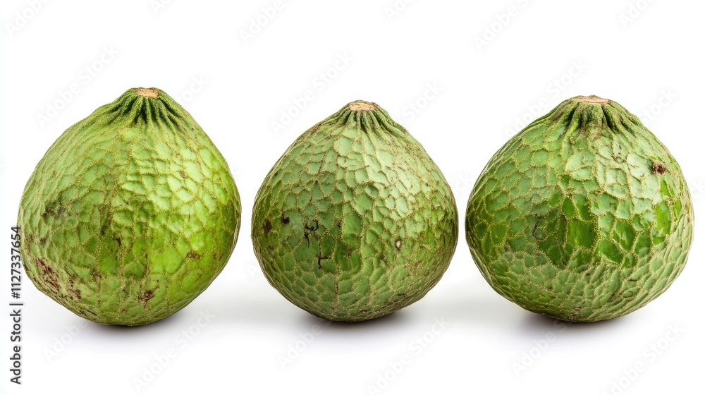 Poster fresh chayote vegetables arranged in a row on a clean white background showcasing their unique textu