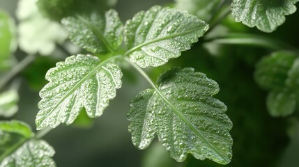 Fresh and vibrant green leaves with a textured surface glistening with water droplets in a natural setting