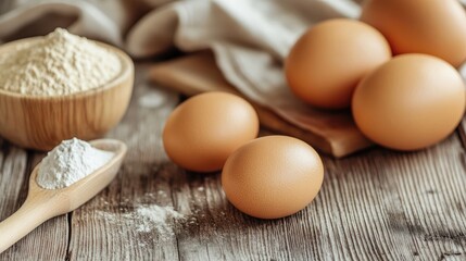 rustic kitchen countertop with fresh eggs flour and natural textile arrangement