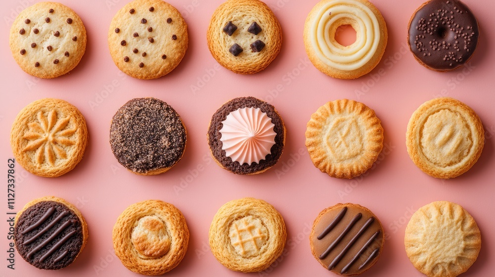Poster assorted biscuits displayed from above on pastel background showcasing various textures and designs 