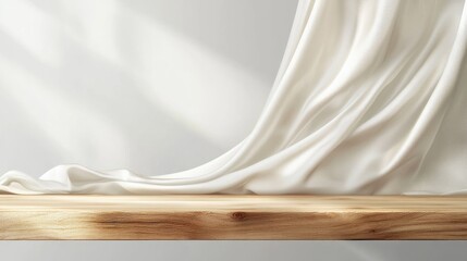 Wooden table with flowing silk fabric on a light background ideal for showcasing products or cosmetics in advertising displays