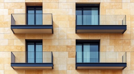Fototapeta premium Modern residential building facade with balconies showcasing advanced thermal insulation and contemporary architectural design elements.
