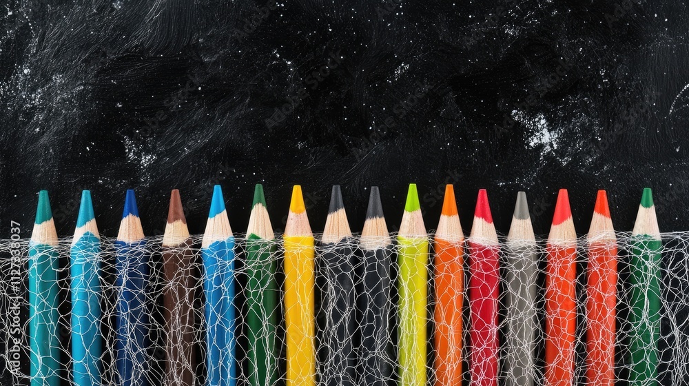 Poster colorful crayons arranged in a line covered with white netting against a black textured background f