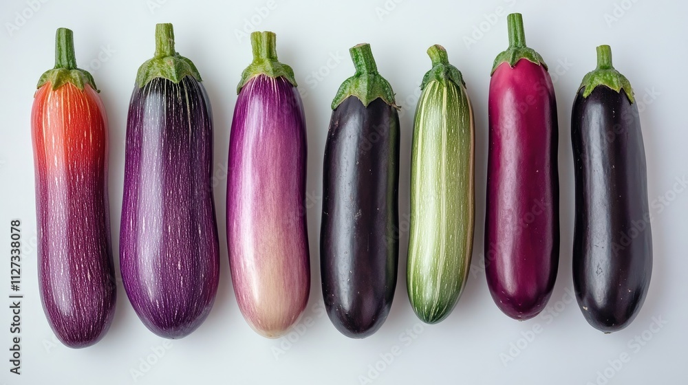 Poster colorful variety of eggplants arranged in a line on a light background showcasing their textures and