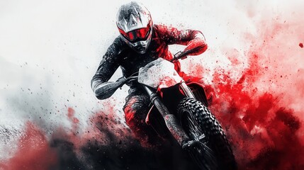 Motorcyclist on an extreme track with flying dirt and red particles. Black-and-red gear, adrenaline, speed, and drive. A vivid dynamic racing moment, perfect for extreme sports content